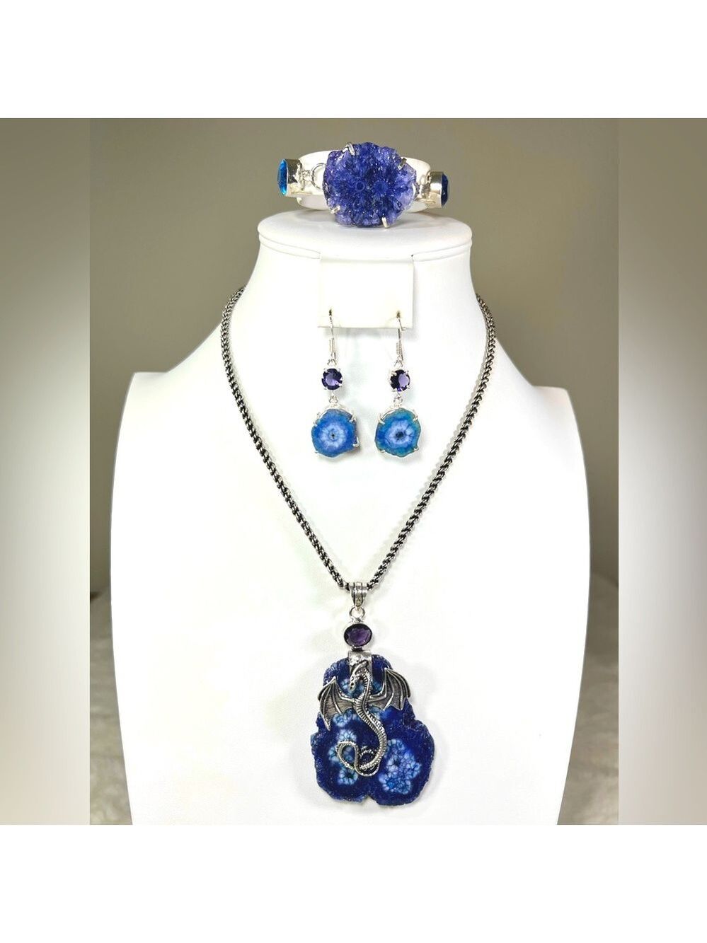 XL Solar Quartz 🐉 Dragon 925 Blue Purple Gemstone Pendant Bracelet Earrings